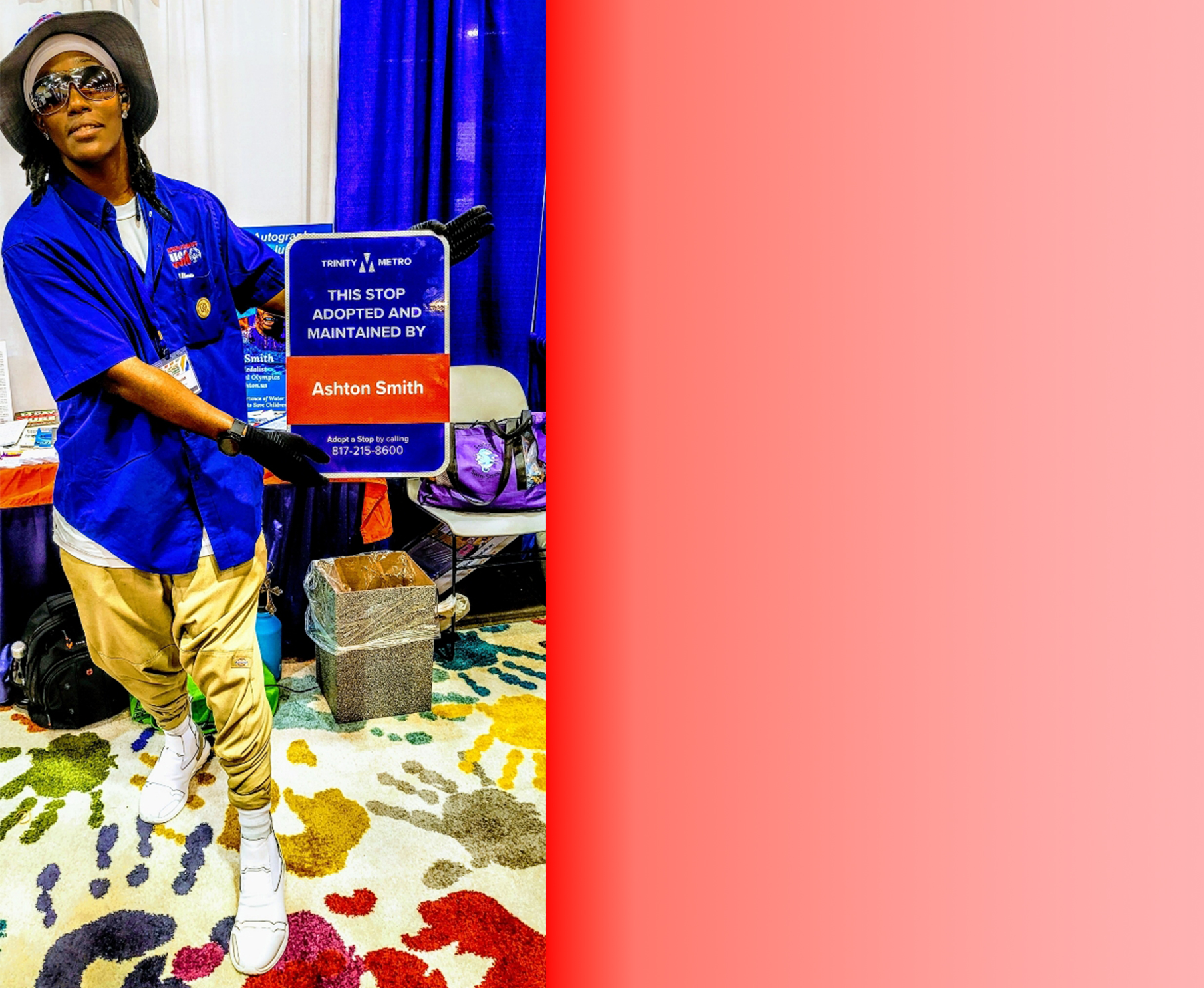 Photo of Ashton Smith holding a sign that says, 'Trinity Metro. This stop adopted and maintained by Ashton Smith'